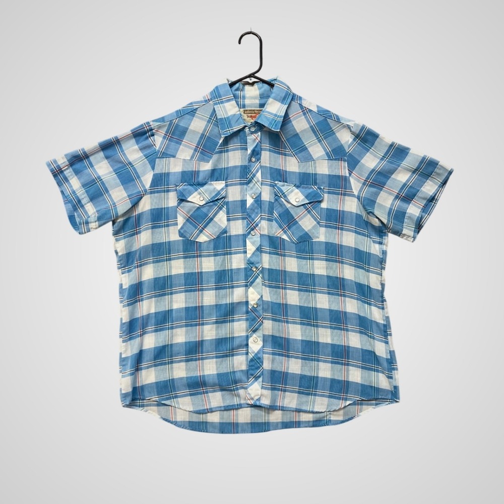 Youngblood's Western Shirt Mens XL Blue Plaid Fair Short Sleeve Pearl Snap Yoke